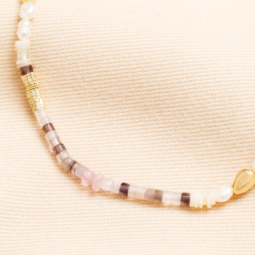 Semi Precious Purple Stone and Pearl Beaded Necklace in Gold