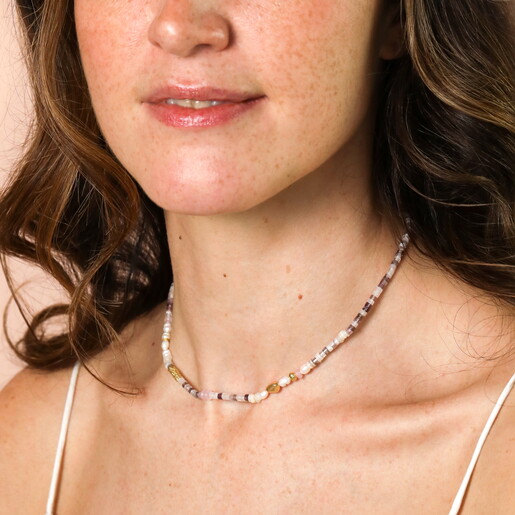 Semi Precious Purple Stone and Pearl Beaded Necklace in Gold