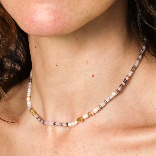 Semi Precious Purple Stone and Pearl Beaded Necklace in Gold