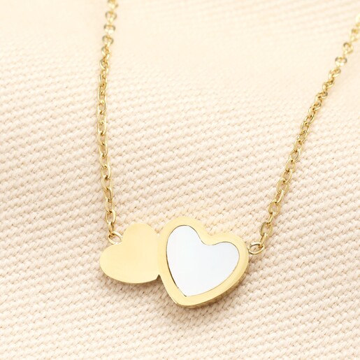 Mother of Pearl Double Heart Pendant Necklace in Gold