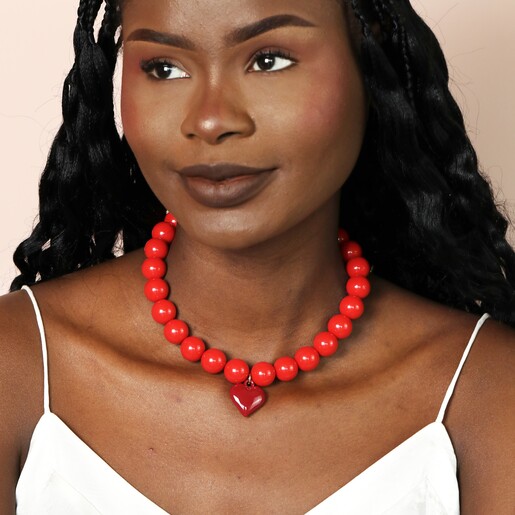 Red Beaded Heart Charm Necklace Red Beaded Heart Charm Necklace