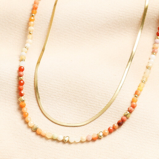 Semi Precious Double Layer Herringbone Beaded Necklace in Gold