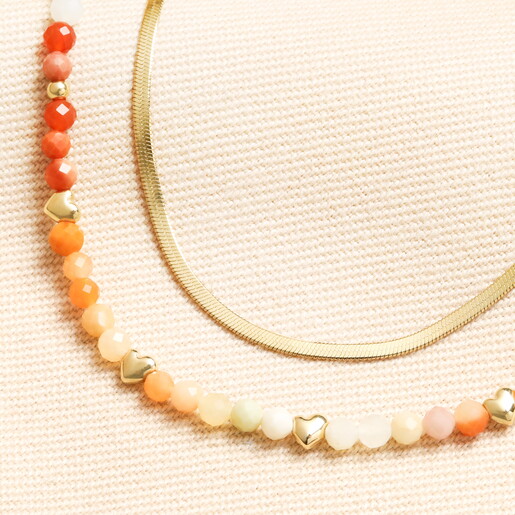 Semi Precious Double Layer Herringbone Beaded Necklace in Gold