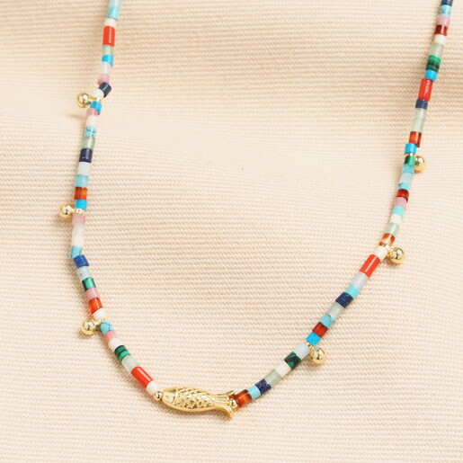 Semi Precious Stone Fish Beaded Necklace in Gold