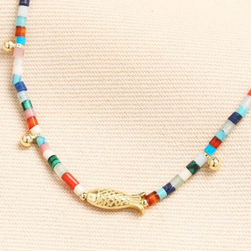 Semi Precious Stone Fish Beaded Necklace in Gold