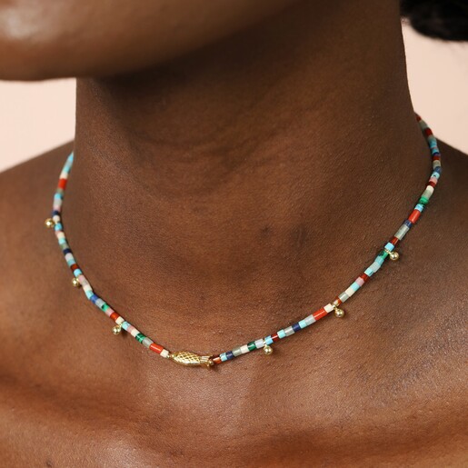 Semi Precious Stone Fish Beaded Necklace in Gold