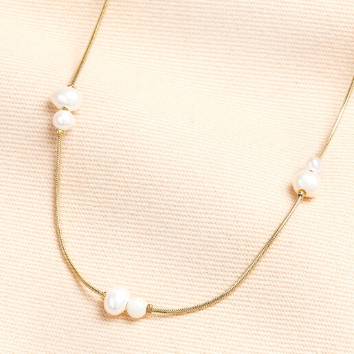 Stainless Steel Pearl Snakechain Necklace in Gold
