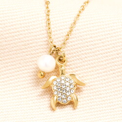 Stainless Steel Pearl Turtle Pendant Necklace in Gold