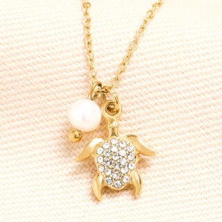 Stainless Steel Pearl Turtle Pendant Necklace in Gold