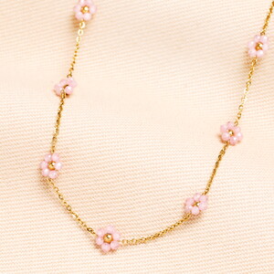 Stainless Steel Pink Flower Beaded Necklace in Gold