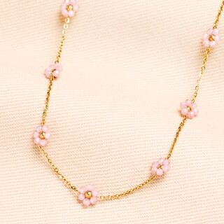 Stainless Steel Pink Flower Beaded Necklace in Gold