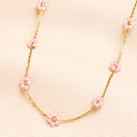 Stainless Steel Pink Flower Beaded Necklace in Gold