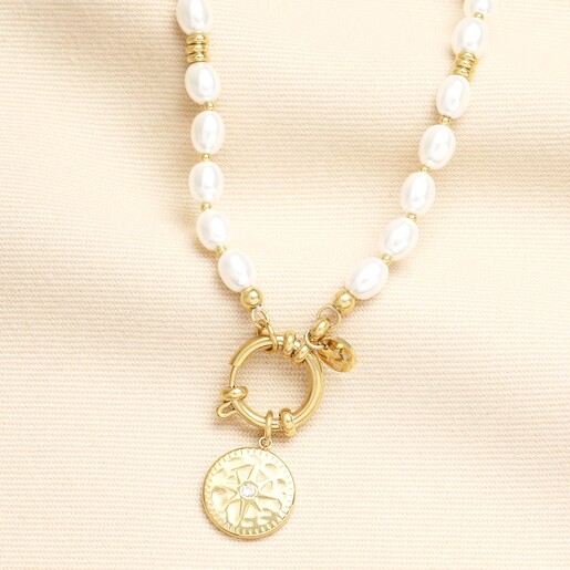 Stainless Steel Pearl Star Compass Pendant Necklace in Gold