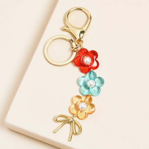 Pearl Flower and Bow Charm Keyring in Gold