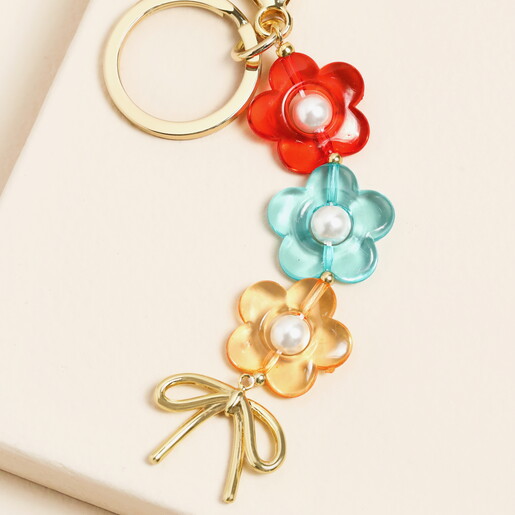 Pearl Flower and Bow Charm Keyring in Gold