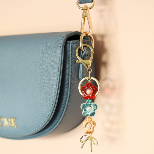 Pearl Flower and Bow Charm Keyring in Gold