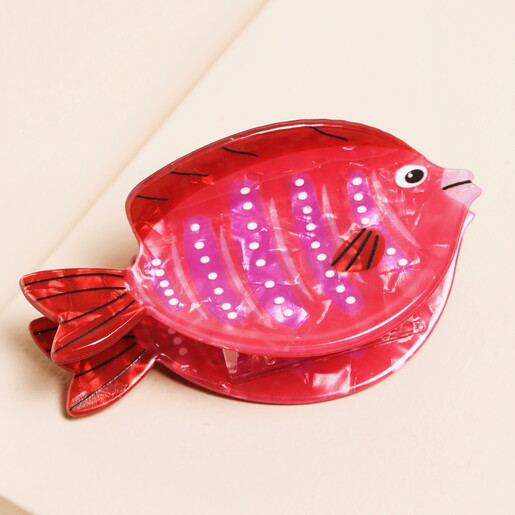 A Fish-Shaped Pink Resin Hair Clip with Spot and Stripe Details