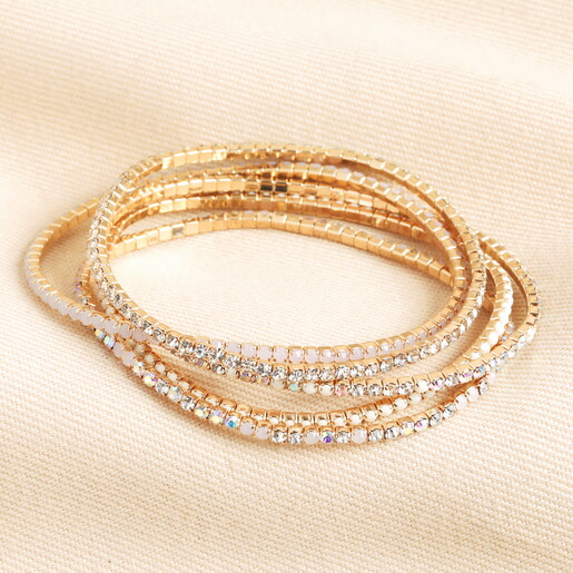 Set of 5 Crystal Beaded Tennis Bracelets in Gold