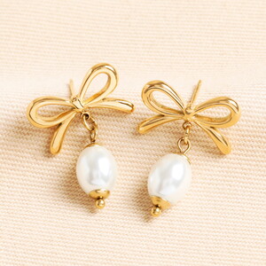 Stainless Steel Bow Pearl Drop Earrings in Gold