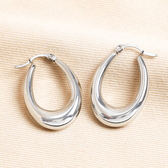 Stainless Steel Oval Hoop Earrings in Silver