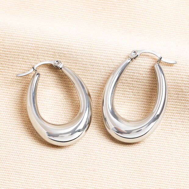 Stainless Steel Oval Hoop Earrings in Silver