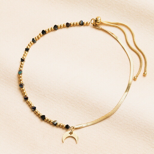 Stainless Steel Split Layer Black Beaded Anklet in Gold