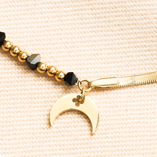Stainless Steel Split Layer Black Beaded Anklet in Gold