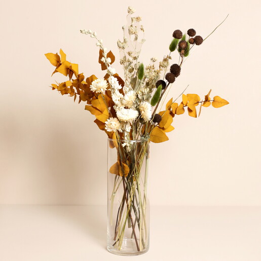 Amber Autumn Market Dried Flower Bouquet in a Clear Glass Vase