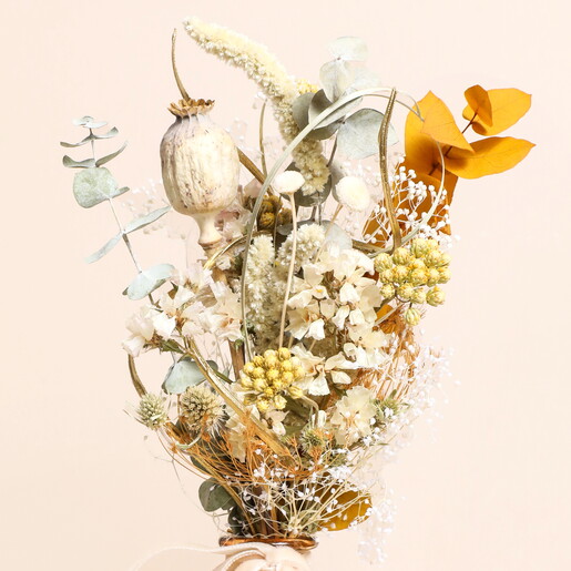 Close Up of Dried Flowers Close Up of Gingerbread Cottage Dried Flower Posy with Vase