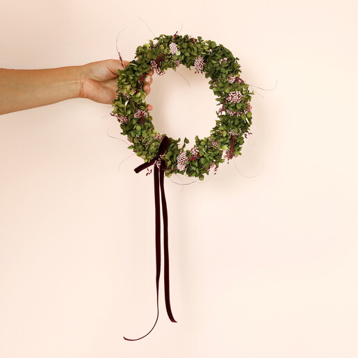 Preserved Flower Olive Green Hydragena and Pink Berry Wreath Preserved Flower Olive Green Hydragena and Pink Berry Wreath