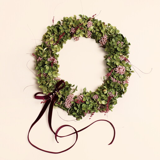 Preserved Flower Olive Green Hydragena and Pink Berry Wreath Preserved Flower Olive Green Hydragena and Pink Berry Wreath