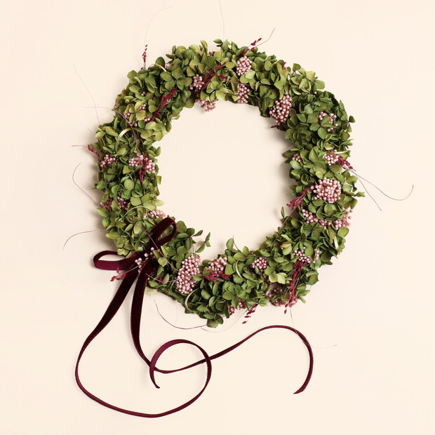 Preserved Flower Olive Green Hydragena and Pink Berry Wreath Preserved Flower Olive Green Hydragena and Pink Berry Wreath