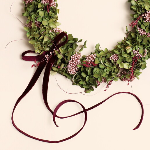 Preserved Flower Olive Green Hydragena and Pink Berry Wreath Preserved Flower Olive Green Hydragena and Pink Berry Wreath