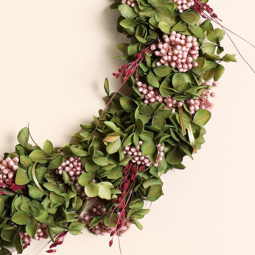 Preserved Flower Olive Green Hydragena and Pink Berry Wreath Preserved Flower Olive Green Hydragena and Pink Berry Wreath