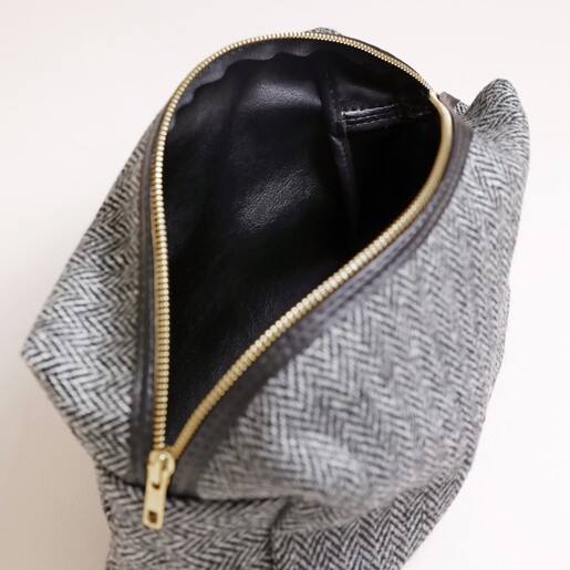 Harris Tweed 100% Wool Wash Bag in Grey on white surface with white background