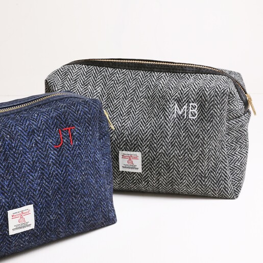 Harris Tweed 100% Wool Wash Bag in Grey on white surface with white background