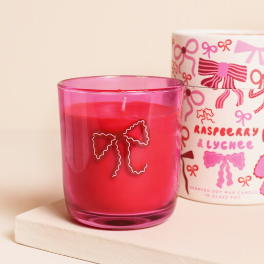 Raspberry Blossom Pink Glass Fragranced Candle - Bows