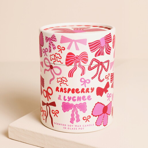 Raspberry Blossom Pink Glass Fragranced Candle - Bows