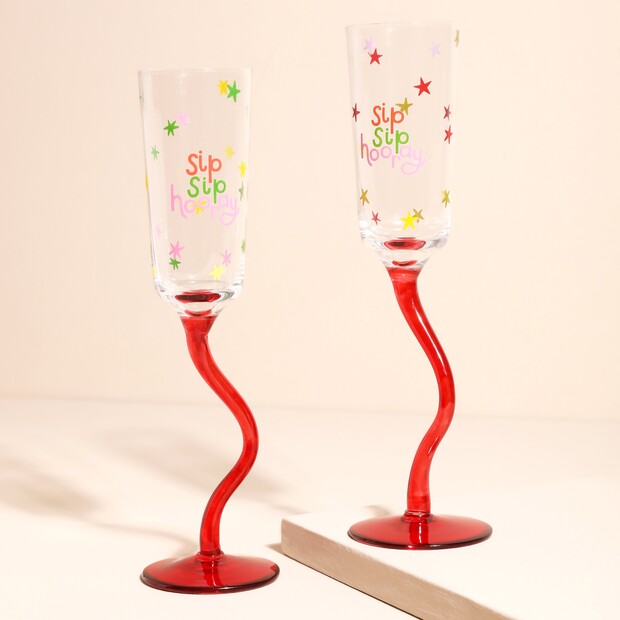 Raspberry Blossom Set of 2 Wavy Stem Flute Glasses