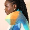 Close Up of Green and Blue Block Stripe Winter Scarf on Model