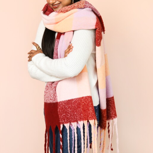Burgundy and Peach Check Winter Scarf