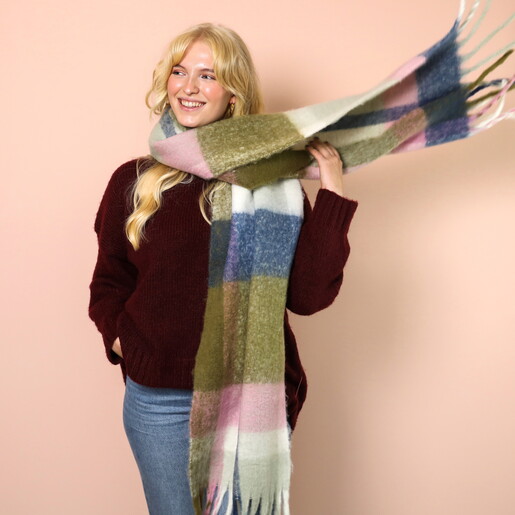 Olive and Pink Tartan Winter Scarf