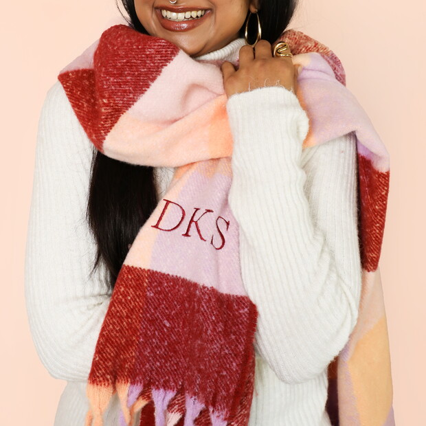 Personalised Burgundy and Peach Check Winter Scarf