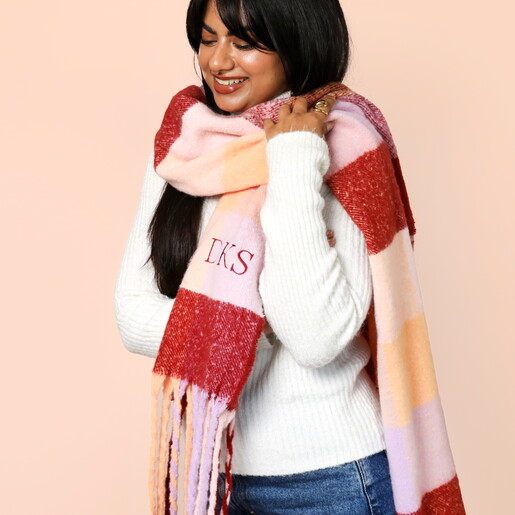 Personalised Burgundy and Peach Check Winter Scarf