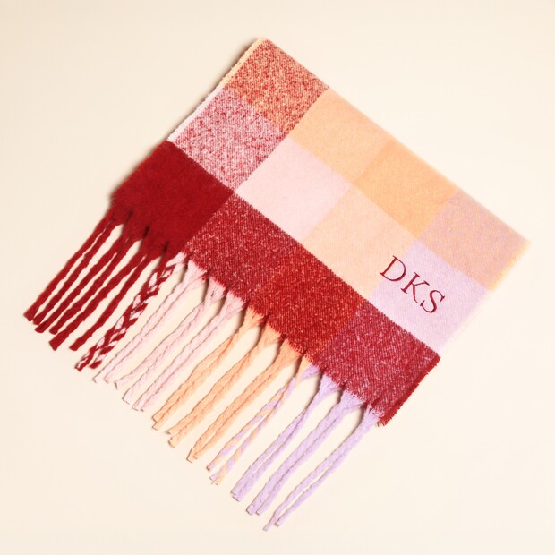 Personalised Burgundy and Peach Check Winter Scarf Personalised Burgundy and Peach Check Winter Scarf