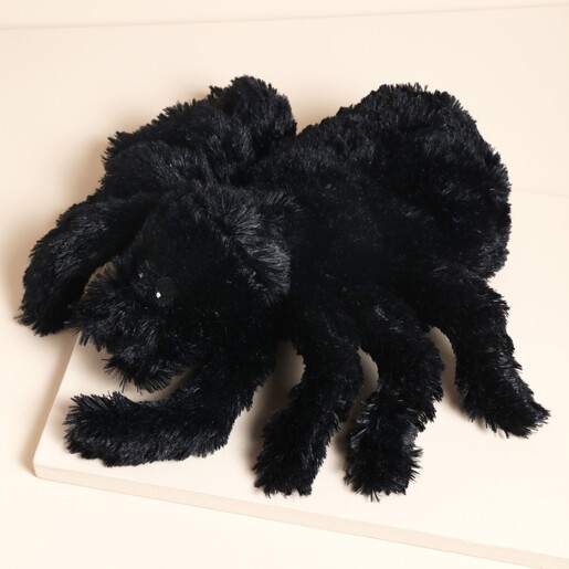 Side view of Warmies Microwaveable Spider Soft Toy on a neutral background