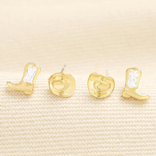 Set of 2 Cowgirl Hat and Boot Stud Earrings in Gold