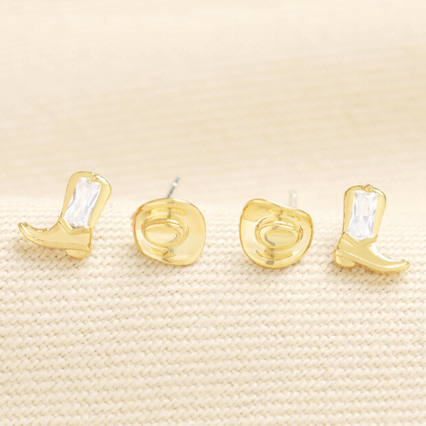 Set of 2 Cowgirl Hat and Boot Stud Earrings in Gold