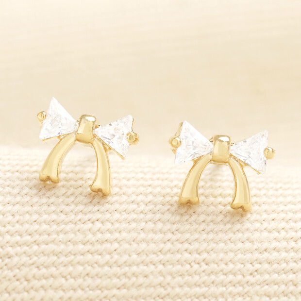 Crystal Bow Stud Earrings in Gold