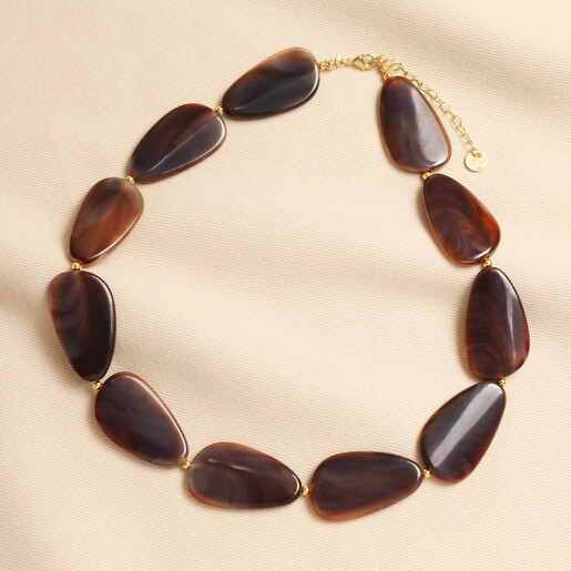 Brown resin stone chunky beaded necklace with organic swirled pebble beads
